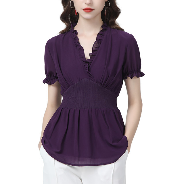 Design sense knit splicing chiffon shirt with wooden ears v-neck short-sleeved top slim fit slimming foreign style age-reducing small shirt summer