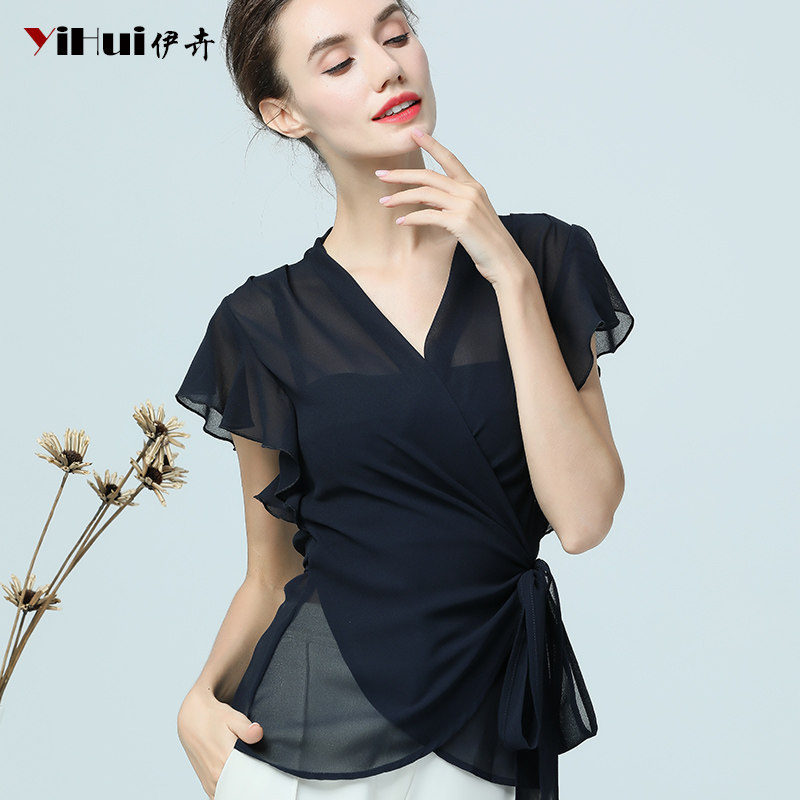Snowspun shirt woman short sleeve blouse V collar shirt foreign pie cardiovert 100 lap temperament to slim fit waistcoat slim fit summer
