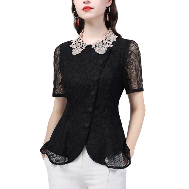 Lace shirt women's short-sleeved top temperament waist shirt fashion hollow shirt 2023 summer new summer shirt