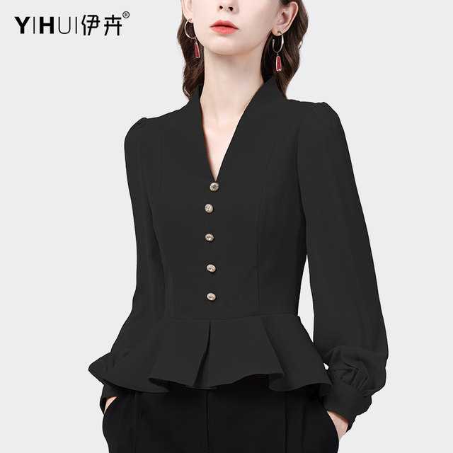 European temperament shirt women's v-neck 2023 spring new waist jacket long-sleeved short design professional shirt