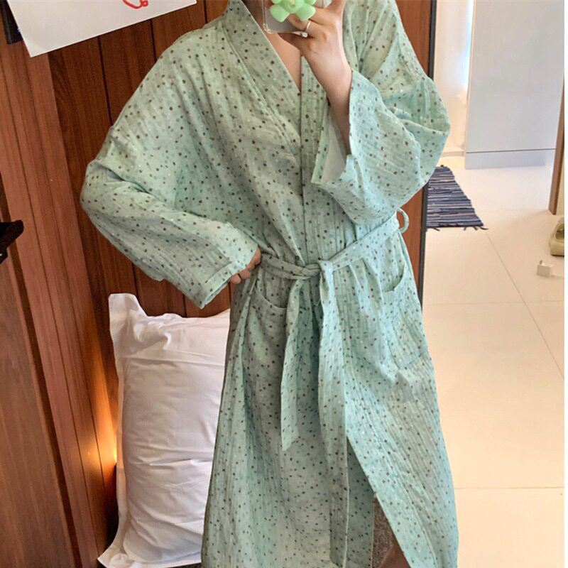 Kimono Collar Printed Lace-Up Nightgown for Women, Long-Sleeved Long Bathrobe, Home Wear, Thin Pajamas, Nightdress, Can Be Worn Outside as a Robe