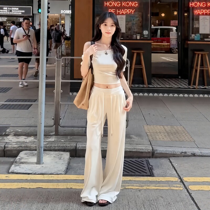 Korean-Style High-End Sportswear Set for Women, Summer Slimming Fashion, One-Shoulder Short-Sleeve Top and Wide-Leg Pants, Casual Two-Piece Trendy Set