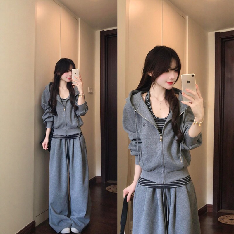 Pure Cotton High-End Sportswear Set for Women, Autumn Loose Fit, Slimming, Fashionable Sweatshirt, Wide-Leg Pants, Casual Two-Piece Set, Trendy