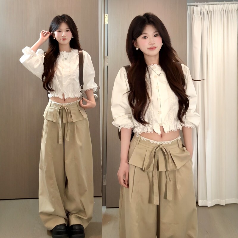 French-Style High-End Sports Suit for Women, Summer Fashion, Three-Quarter Sleeve Shirt Top, Wide-Leg Pants, Casual Two-Piece Set, Trendy