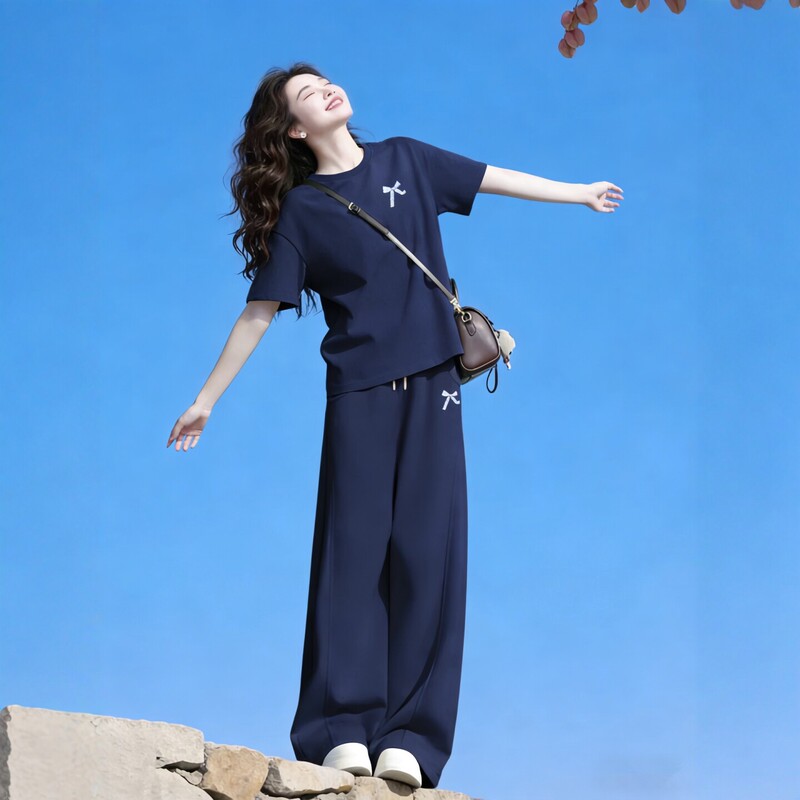 Pure Cotton Sportswear Suit for Women, Summer Student Korean Style, Loose, Slimming, Fashionable Short-Sleeved Long Pants, Casual Two-Piece Set, Trendy