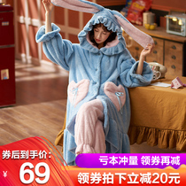Pajamas women autumn and winter flannel plus velvet padded robe cute coral velvet winter home suit