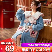 Autumn and winter coral velvet pajamas womens winter thickened velvet New flannel long robe cute home wear winter