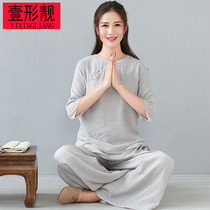 Chinese style retro tea clothes female yoga zen clothes tops cotton and linen yoga clothes spring and summer meditation clothes two-piece set summer