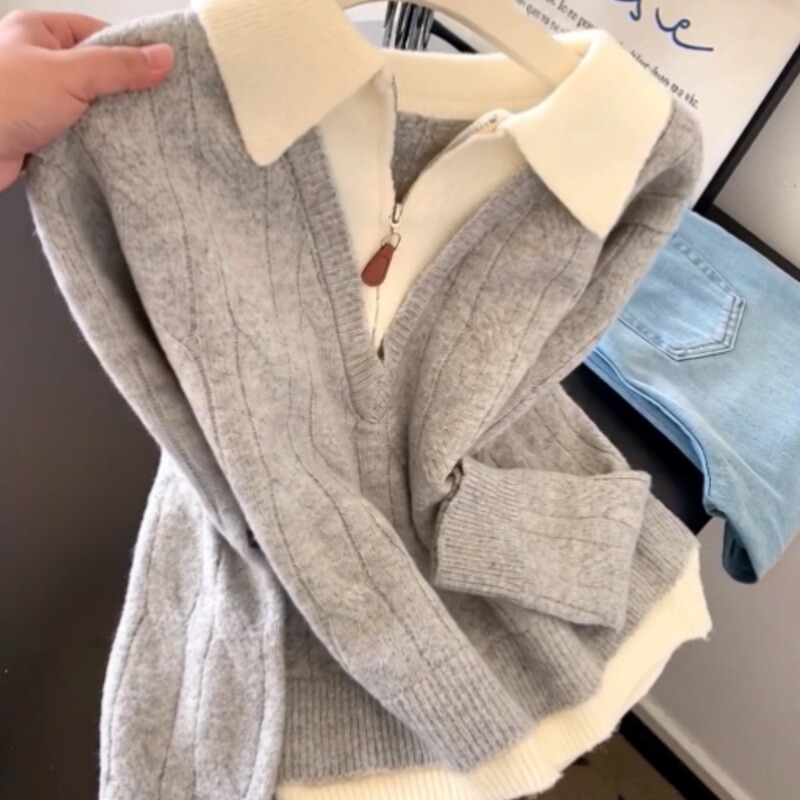 High-End Half-Zip Faux Two-Piece Gray Sweater for Women, 2026 Autumn and Winter, with a Turn-Down Collar, Can Be Worn as Outerwear or Innerwear, Knitted Top