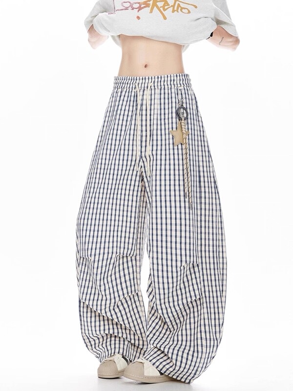 Star Pendant Plaid Scimitar Casual Pants for Women, Loose Drape Wide-Leg Pants, Lazy Style Straight-Leg Floor-Length Pants
