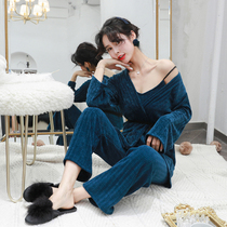Sexy pajamas womens autumn and winter can wear snow velvet home clothes thickened warm long-sleeved pajamas womens winter three-piece suit