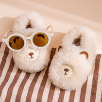 Autumn and winter baby cotton shoes Boys and Girls cute cartoon bear bag with warm home soft bottom parent plush drag