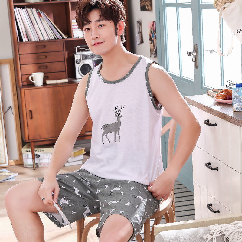 Bông đồ ngủ vest mens mùa hè loose-fitting Hàn Quốc phiên bản có thể mặc quần short mùa hè lớn mens cậu bé phù hợp.