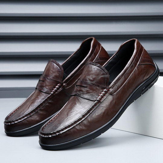 Soft sole soft surface men's leather shoes spring and autumn genuine leather breathable beanie shoes versatile slip-on casual shoes non-slip driving shoes