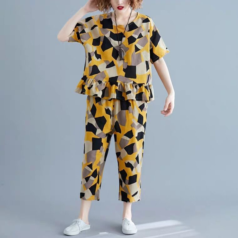 Yellow Geometric PatternBig size Women's wear Fashion and leisure literature Two piece set easy Show thin jacket Seven Harlan trousers printing suit female