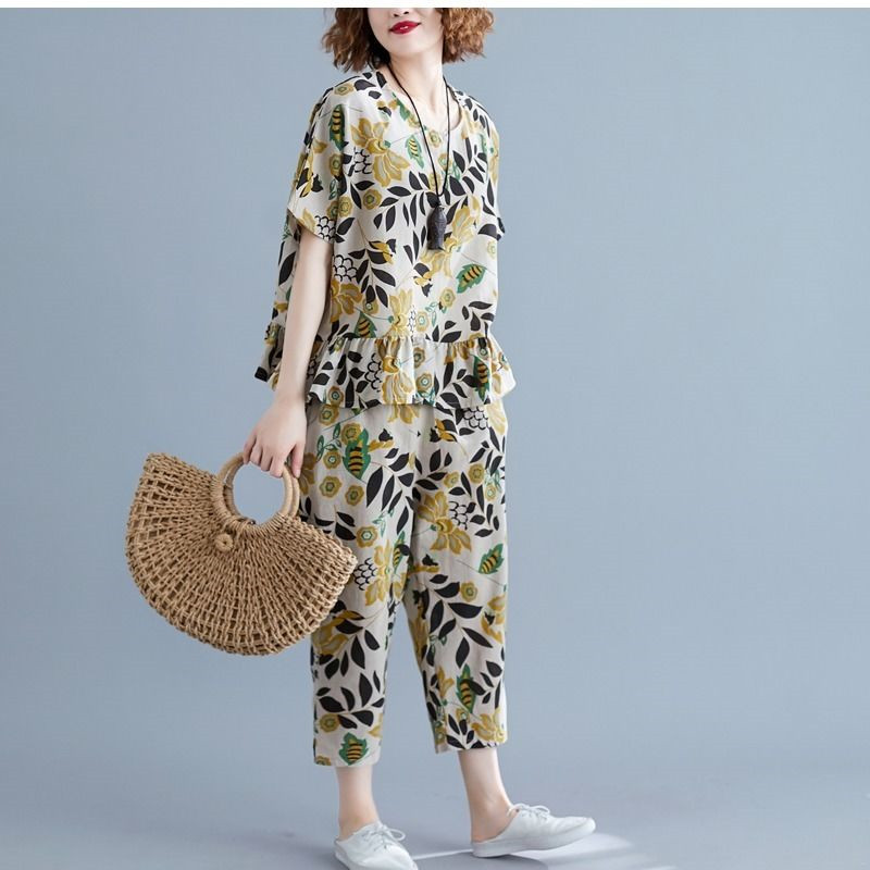Apricot LeavesBig size Women's wear Fashion and leisure literature Two piece set easy Show thin jacket Seven Harlan trousers printing suit female