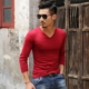 màu tinh khiết áo phía dưới cổ áo trái tim gà mens dài sleevet t-shirt máu màu yên tĩnh phiên bản sạch của mùa thu áo khoác mens đồ lót đất v.