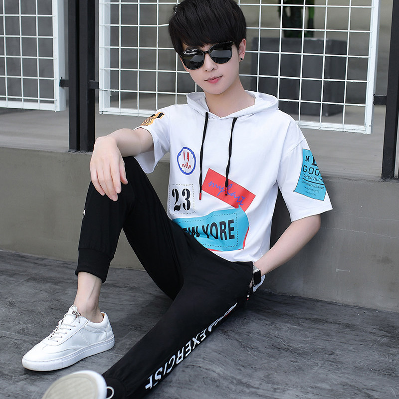 Boys suit collocation handsome youth casual wear summer Korean fashion clothes junior high school students pure cotton sportswear