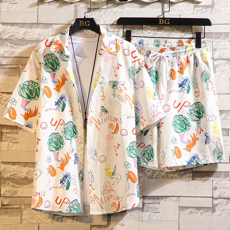 Beach Suit for Men, Summer Ice Silk Quick-Drying, Suitable for Water, Hawaiian Two-Piece Set, Thai Sanya Outfit, Shirt and Shorts