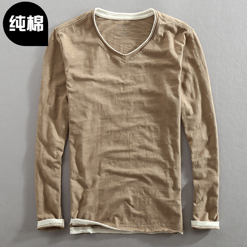 2023 Autumn New Pure Cotton Sweetheart Neck T-Shirt Top Men's Bamboo Cotton Long Sleeve V-Neck Fake Two-Piece Base Shirt
