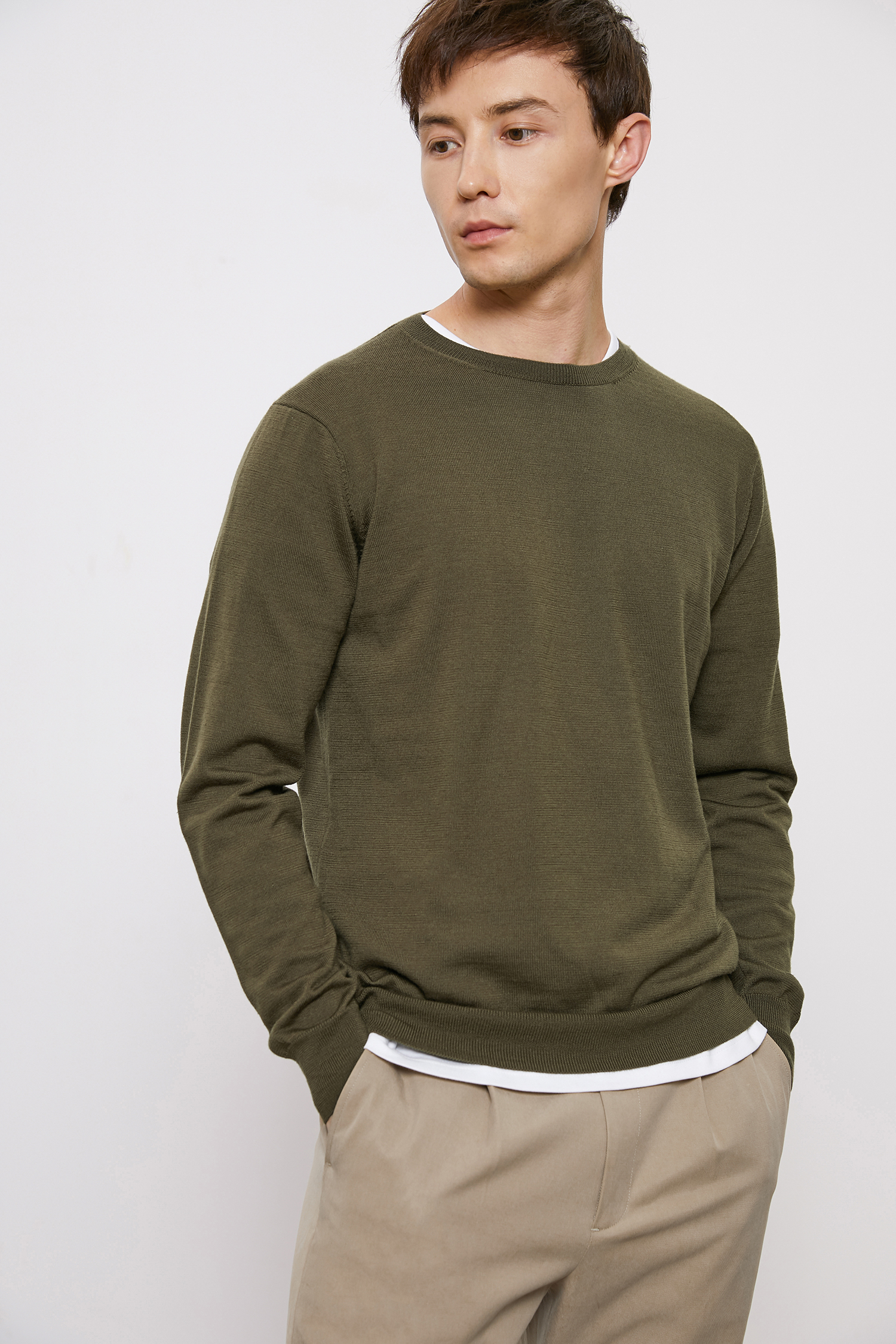 THESSNCE siêu mịn Merino toàn len cơ sở vòng cổ áo len đáy nam quần thể dục