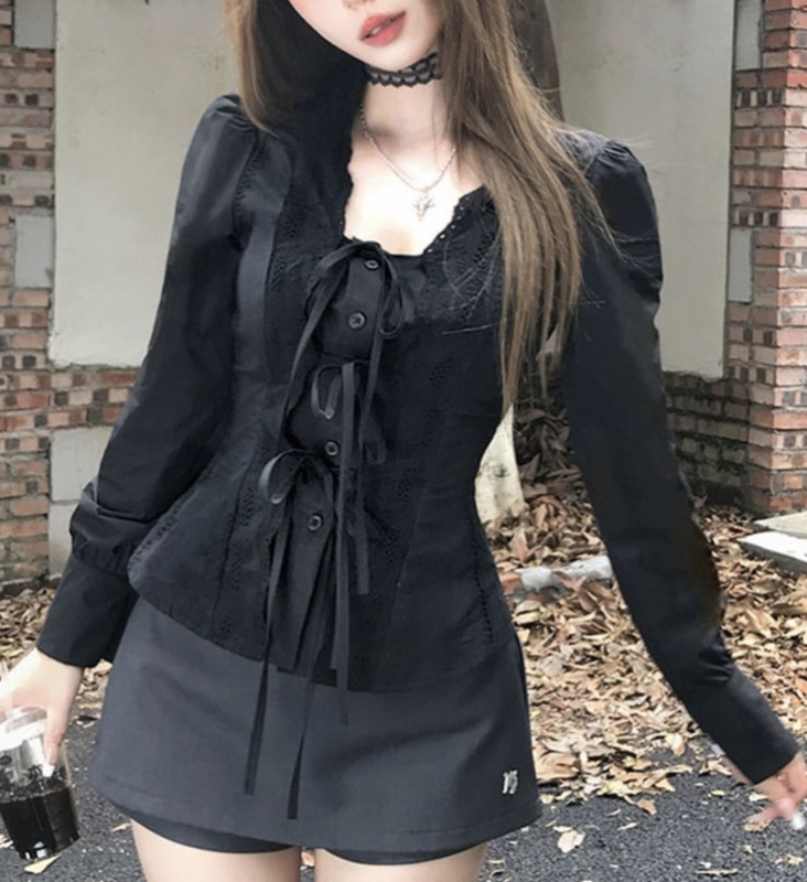 Plus-Size Women's Autumn Shirt with Lace Trim, Stylish Design, Waist-Cinching Blouse That Flatters the Figure, Inner Wear Top