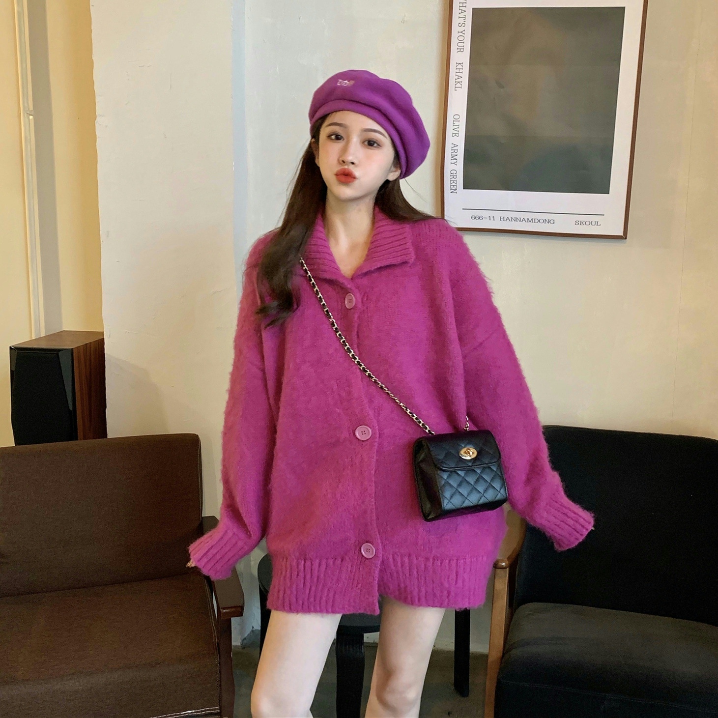 2021 Autumn Winter New Loose of Lazy Breeze Brief Fire Dragon Fruit Color Sweater Coat Fur Furry Knitted Blouse