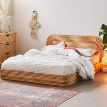 Double 1 5 meter rattan bed Nordic solid wood rattan Japanese style 1 8 bed wabi-sabi style modern log color small apartment bedroom