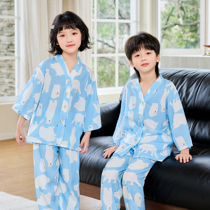 Summer Thin Cotton Silk Pajamas for Children, Three-Quarter Sleeve Home Wear Set, Simple Style for Baby Boys and Girls, Suitable for Older Children — 14