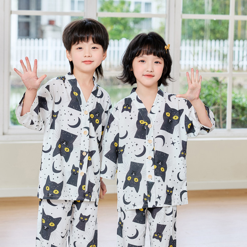 Summer Thin Cotton Silk Pajamas for Children, Three-Quarter Sleeve Home Wear Set, Simple Style for Baby Boys and Girls, Suitable for Older Children — 17