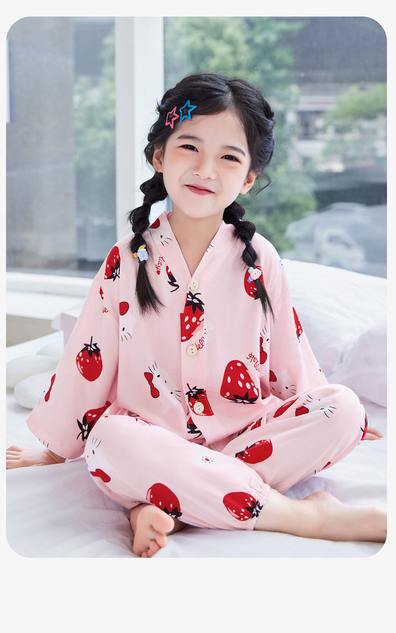 Summer Thin Cotton Silk Pajamas for Children, Three-Quarter Sleeve Home Wear Set, Simple Style for Baby Boys and Girls, Suitable for Older Children — 13