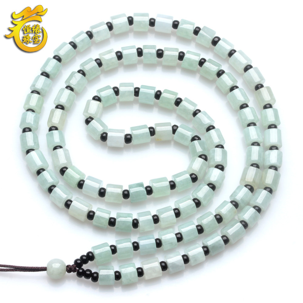 Jade bead pendant hanging rope Myanmar natural a cargo cylindrical jade beads Jade necklace handmade male and female fur coat chain