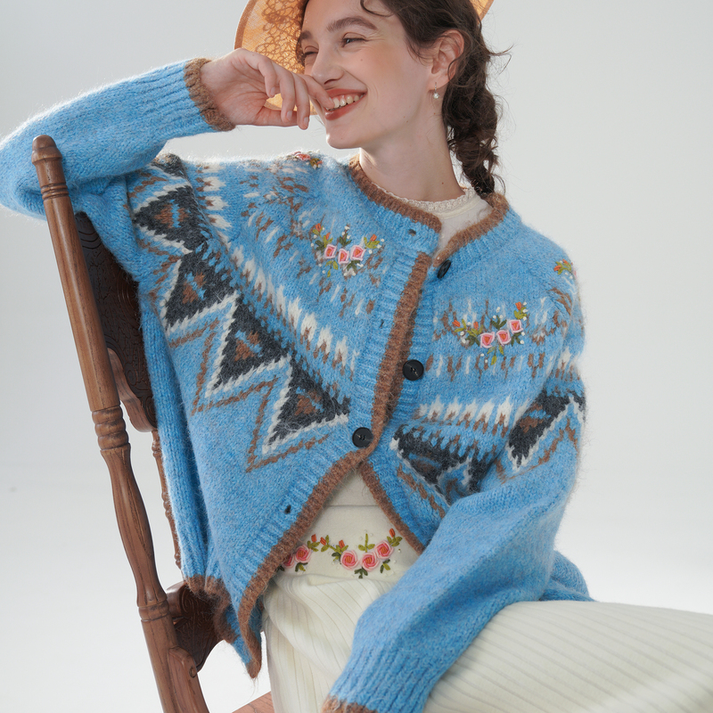 Face Art Handmade Embroidery Sky Blue Wool Nordic Fair Isle Forest Style Cardigan Sweater