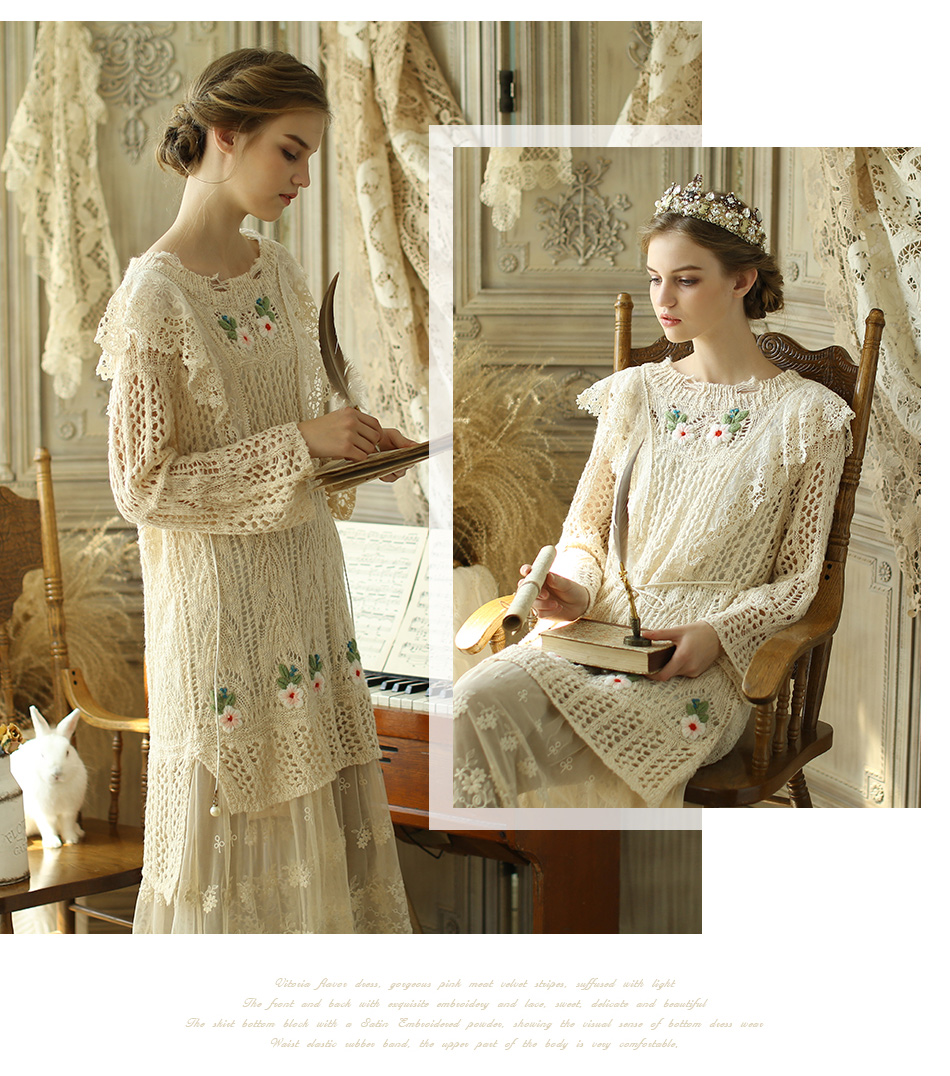 Mặt Nghệ Thuật Mùa Thu Sản Phẩm Mới Victoria Hollow Móc Hoa Mori Nữ Vintage Thêu Ren Dài Ăn Mặc các kiểu váy giấu bụng