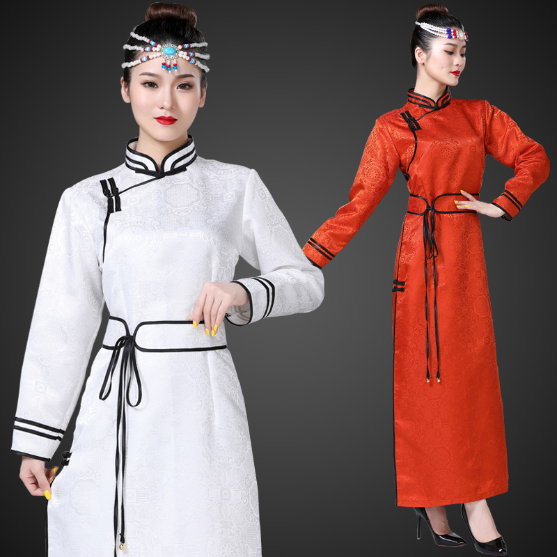 White long version Mongolian robe women's autumn new side placket traditional ethnic clothing dance dress Mongolian performance suit