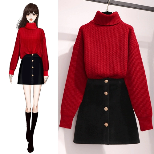 Демисезонный комплект, красный свитер, модная юбка, коллекция 2021, в западном стиле