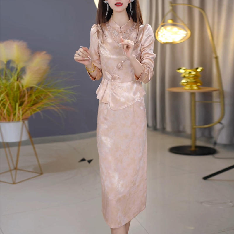 Chinese-Style Large-Size Dress for Middle-Aged Mothers, Two-Piece Set for Women, 2026 Spring New Fashion Half-Skirt Set