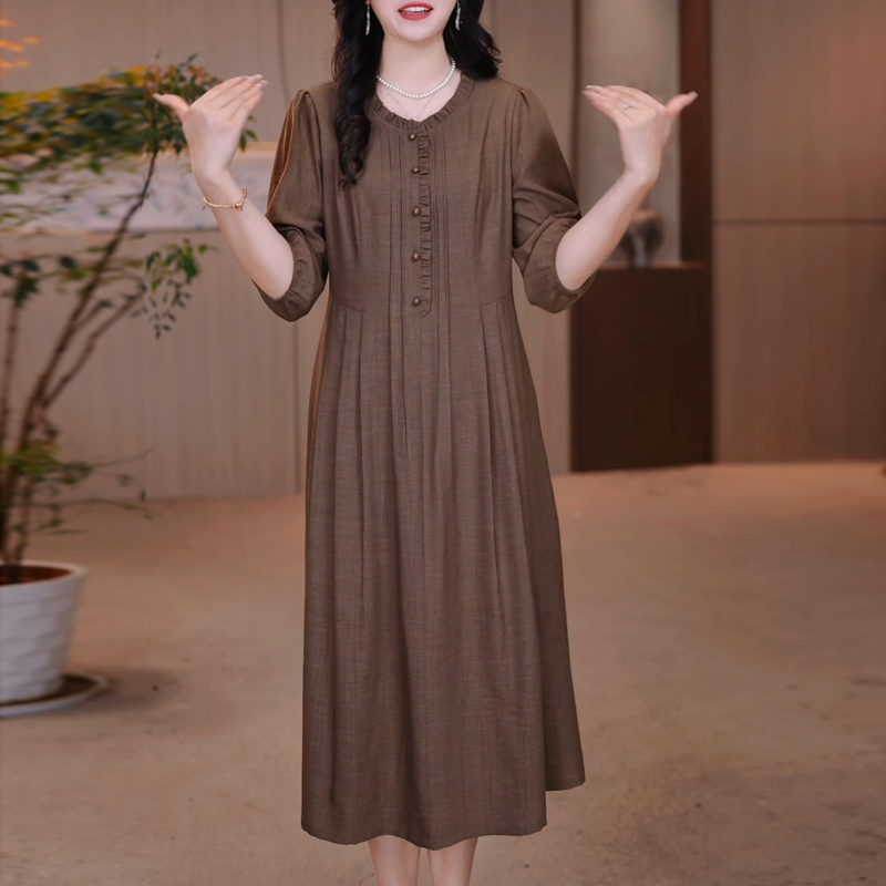Retro Elegant Round Neck Pure Color Large Size Loose Dress for Women 2026 Spring and Summer New Style Dignified and Age-Reducing Mid-Length Skirt