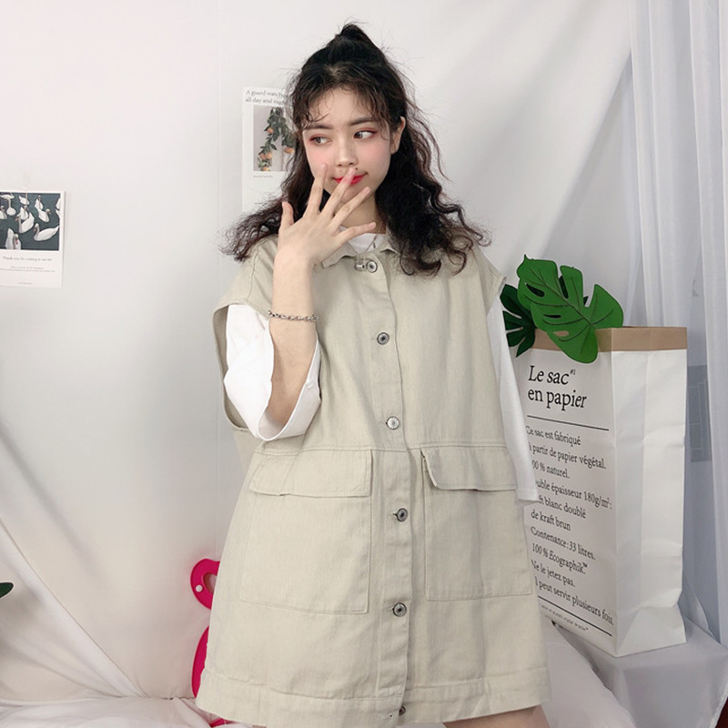 Xiaqiu Hàn Quốc phiên bản của bf gió Harajuku loose-fitting trang phục lao động denim tay out-of-the-box vest áo giáp áo nữ sinh thủy triều