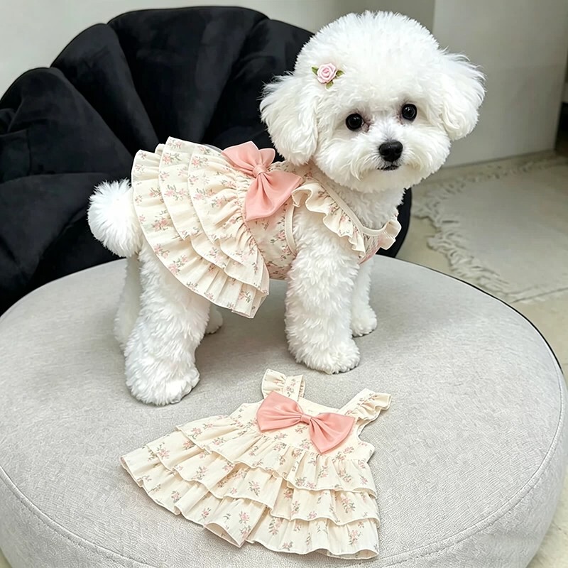 Dog Clothes Pet Summer Thin Fairy Style Anti-Shedding Bichon Teddy Pomeranian Floral Flutter Sleeve Dress