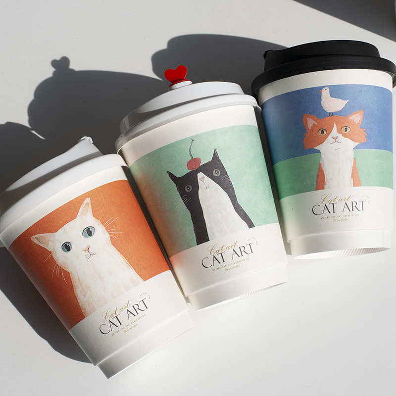 Artistic Cat Coffee Paper Cup Disposable Hot Drink Milk Tea Cup with Lid for Takeaway, Thickened, Anti-Scald, Double-Layer Hollow Design