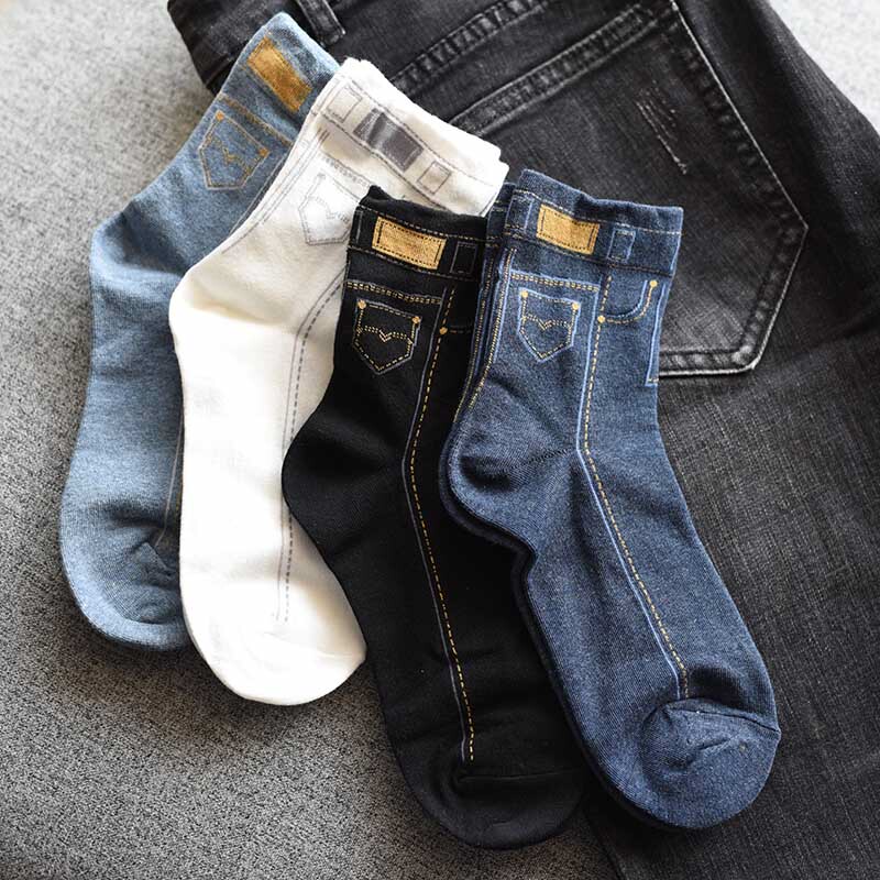 Korean Personalized Socks for Women, Trendy and Creative, Versatile College Style, Retro Blue Jeans Pattern, Pure Cotton Mid-Calf Socks