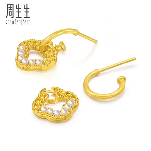 周生生 Золотые серьги из жемчуга, четырехлистный клевер