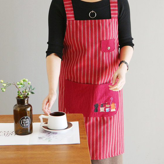 8623简约麻棉条纹双层防水厨房背带围裙男女工作服反穿衣罩衣围腰