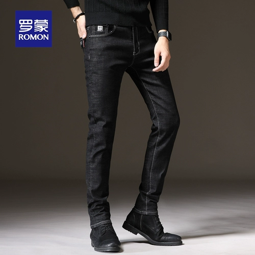 Зимние трендовые джинсы для отдыха, мужские черные эластичные штаны, в корейском стиле