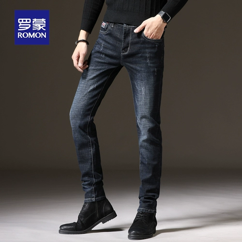 Зимние трендовые джинсы для отдыха, мужские черные эластичные штаны, в корейском стиле