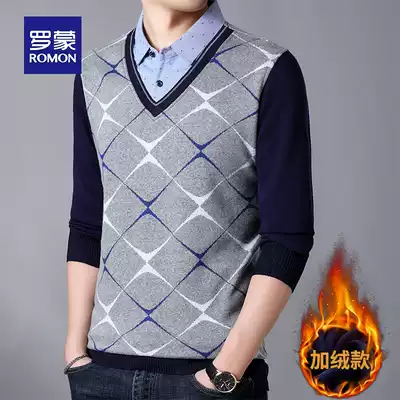 Romon sweater fake two casual loose plaid shirt collar sweater middle-aged slim long-sleeved bottoming top