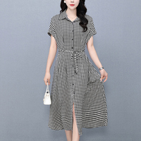Summer tencel long skirt, short-sleeved design for commuting ladies, slimming A-line plaid dress, mother's wear