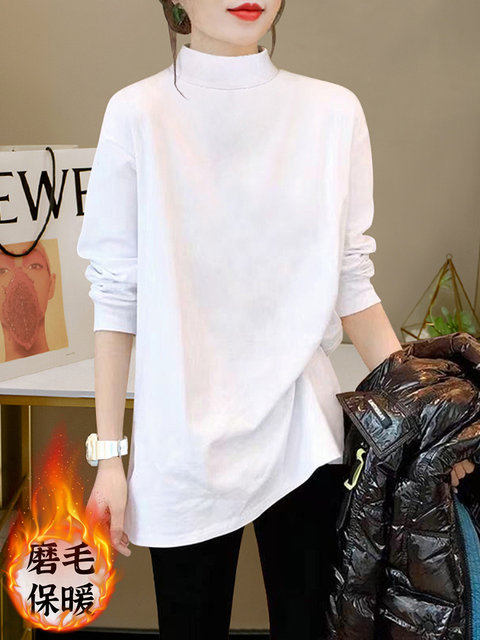 Half-High Collar Thickened Mid-Length Brushed Thermal Base Shirt for Women, Stylish Loose Long-Sleeve T-Shirt Top for Both Inner and Outer Wear