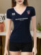2026 New Retro Hot Girl V-Neck Color-Blocking Printed Short-Sleeve T-Shirt for Women, Summer Sports Slim-Fit Trendy Top